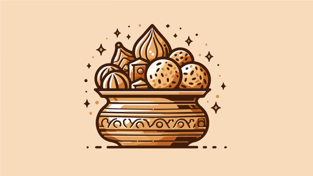 Indian Festive Sweet Ladoo and Mithai Collection in Ornate Traditional Pot for Diwali Celebration Vector Illustration