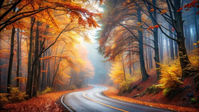 A photo of a curvy road twisting through an autumn forest, cloaked in thick fog, revealing patches of golden and crimson foliage Dense trees with twi