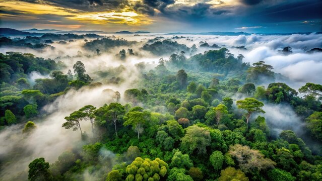 Aerial view of dense cloud forest with towering trees and lush greenery near Tambopata National Reserve Towering canopies stretch towards the sky, cr