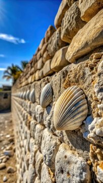 A photo of an old wall of stone shell rock with arbitrary shapes, isolated and undisturbed