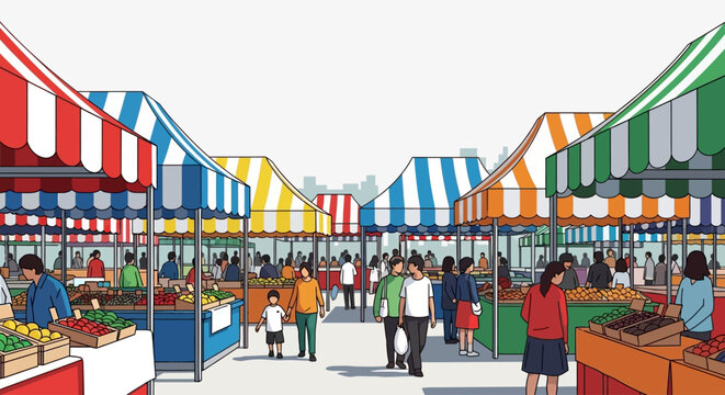 People Walking Through Outdoor Market Stalls.