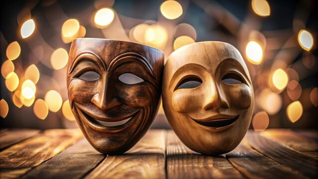 A photo of a smiling mask and a sad mask, side by side, on a wooden table The smiles are genuine, while the sadness is palpable The wood grain adds