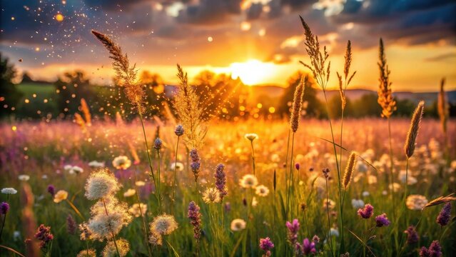 A photo of a serene meadow with tall grasses swaying gently in the breeze, wildflowers scattered across the field, and a sparkling sun setting over th