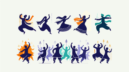 Obraz premium Indian Bhangra and Folk Dance Silhouette Collection with Colorful Traditional Costumes for Punjabi Festival Celebration