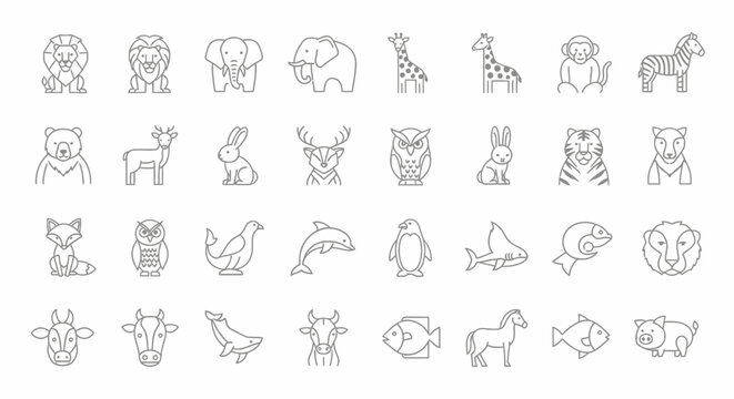 Collection of various animal line icons.