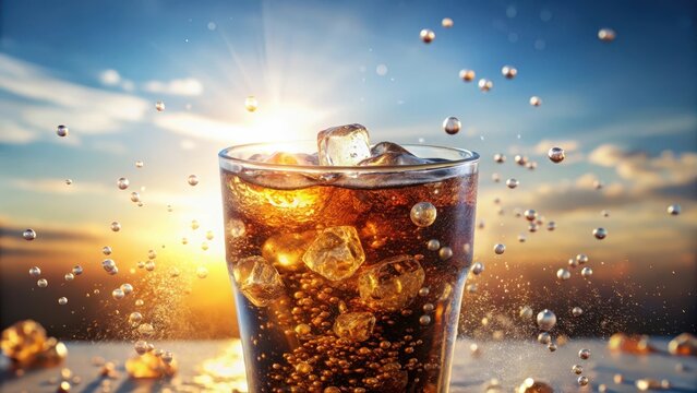 A photo of clear cola soda with fizzy bubbles floating on a pristine white background