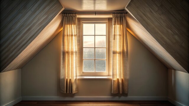 A photo of a dimly lit attic window with a