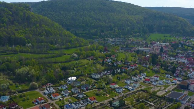Aerial view of the city  Heubach in Germany on a sunny spring day