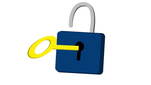 A flat 2D animated golden padlock opening and closing on a light blue background.
