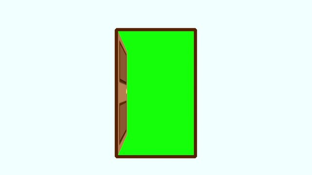 A flat 2D animated brown door opens and closes to reveal a green screen background