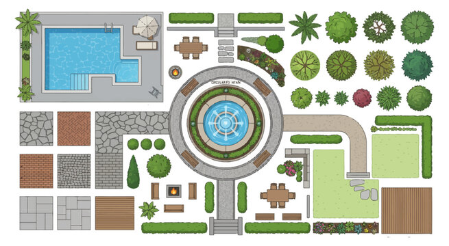 A detailed landscape master plan featuring pathways, fountains, greenery, and outdoor elements in a structured top-down view. Ideal for urban planning and architectural presentations.