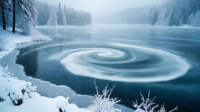 Foggy winter lake with swirling ice patterns near snowy shore, frost-covered trees and distant pine forest under soft blue light