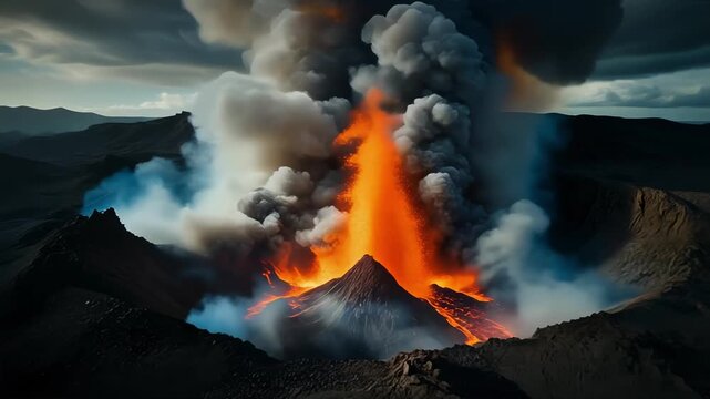 Aerial view of an erupting volcano with lava fountains and thick billowing smoke under a moody sky