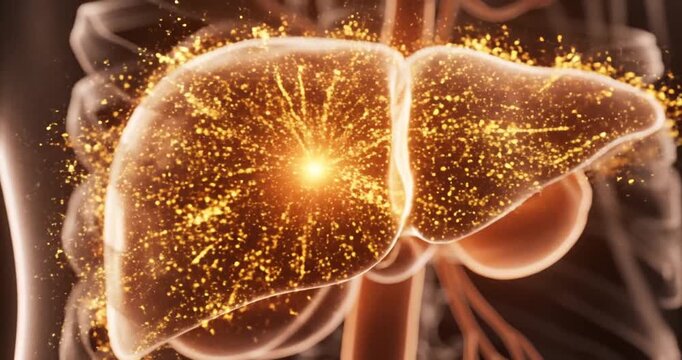 Detailed visualization of a human liver with glowing particles, highlighting its function and health