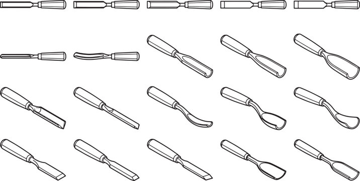 A variety of chisels, perfect for carpentry and woodworking. Displaying tools for craft. 