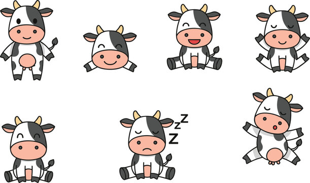 Cartoon cows in playful poses with expressive emotions, including sitting, sleeping, meditating, and lying down, perfect for children&rsquo;s artwork, stickers, and character design projects
