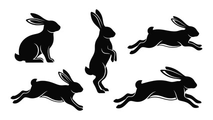 Silhouette illustrations of rabbits in various dynamic poses against a white background © MDSAEEM