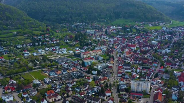 Aerial view of the city  Heubach in Germany on a sunny spring day