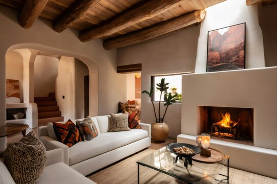 Southwestern adobe living room with viga beams and fireplace