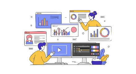 Fototapeta premium Video Editing and Data Analytics Team Professional Workspace