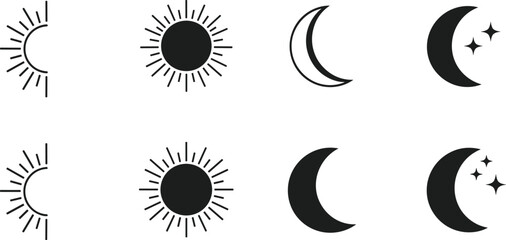 Sun and moon outline icon set featuring solar sunlight crescent moon night sky and weather symbols © RUKSANA