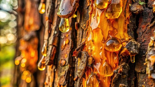 A closeup of damaged pine bark dripping sticky amber resin Tree trunk with cracked outer layer revealing golden liquid droplets Wornout texture of