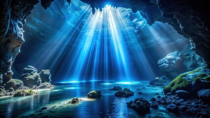 Obraz premium A photo of a mysterious underwater cave with shimmering blue lights hidden within the depths