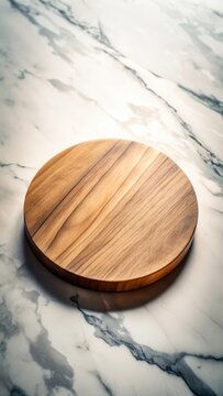 A photo of a round wooden cutting board sitting on a pristine white marble surface, the polished wood gleaming in natural light The cutting board fea
