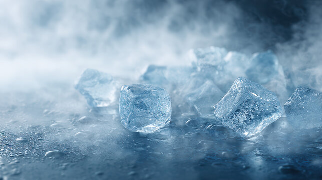Crystal Cold Cubes: An ethereal capture of icy cubes, glimmering in the cold, their sharp edges contrasting with the surrounding vapor, creating a scene of pristine cold.