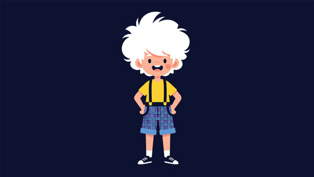 Cheerful cartoon boy with distinctive white curly hair, wearing stylish yellow suspenders and plaid shorts, smiling brightly.