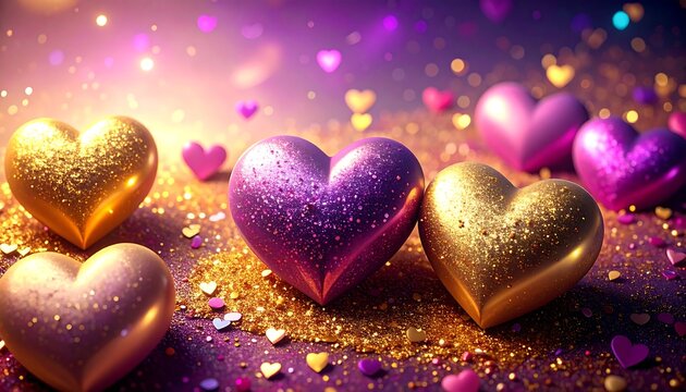 A vibrant arrangement of glittery hearts in shades of gold and purple