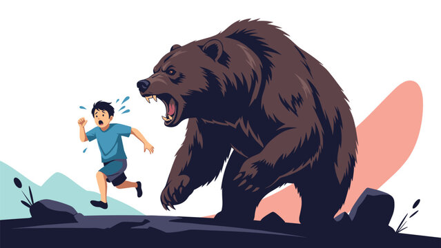 Harrowing scene depicting a terrified man desperately running away from a massive, aggressive bear in a wilderness setting.