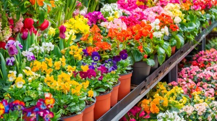 Colorful fresh spring flowers blooming in garden center