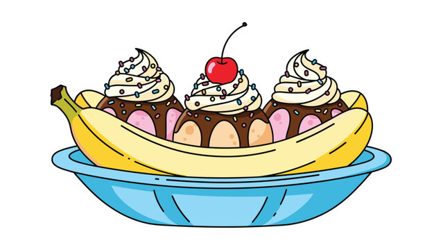 Classic and delicious banana split ice cream dessert, beautifully presented in a blue dish with whipped cream, sprinkles, and a cherry on top.