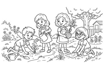 Fototapeta premium Children planting trees black and white, group of young kids learning about nature.