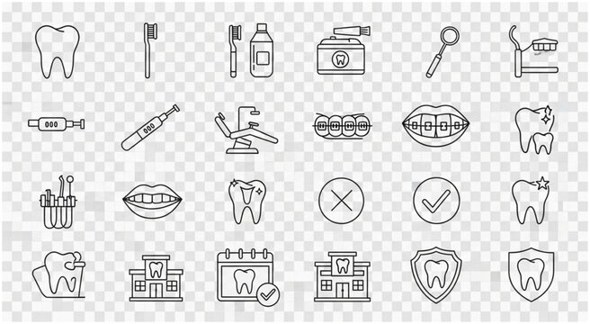 Dental health and care illustration with various related icons and symbols.