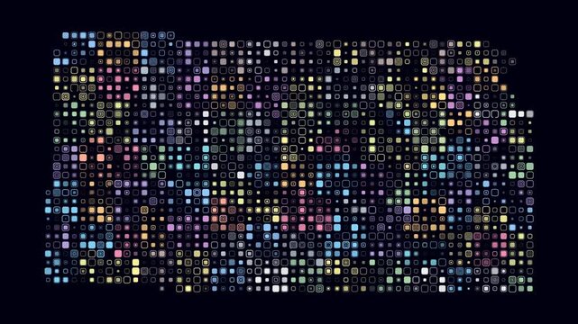 Kansas animated shape. Pulsating colored dots on the map of the state. Small size rounded square blocks. Digital style Kansas map on dark background. Creative animation video.