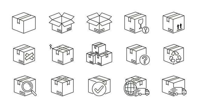 Collection of various cardboard boxes with different symbols and signs.