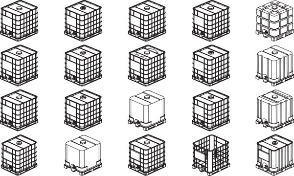 A collection of industrial bulk containers, in an array of patterns, symbolizing efficient storage and handling solutions.