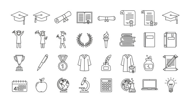 Collection of graduation related icons, perfect for educational and academic themes.