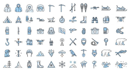 Collection of winter adventure and exploration icons, perfect for design projects. © Hosek