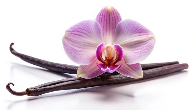 A photo of smooth vanilla pods and delicate orchid flower isolated on a pristine white background Perfectly aligned, the pods and flower create a str