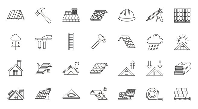 Collection of roofing and construction icons representing various tools and elements.