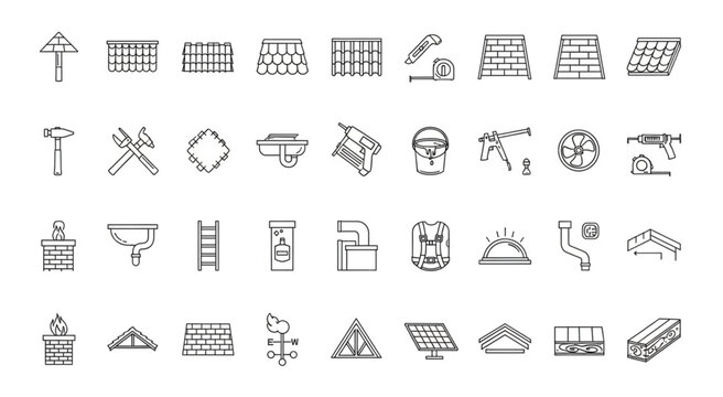 Collection of roofing tools and materials, construction and repair icons set.