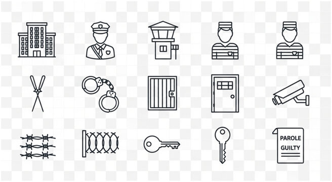 Collection of prison related icons representing law enforcement and incarceration.