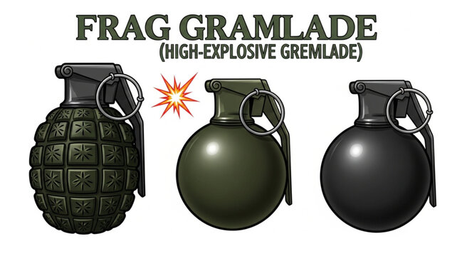 High explosive fragmentation grenade variants with different appearances and designs.