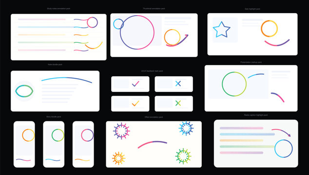 Study Notes Annotation Pack with Thumbnail Markup, Sale Highlights, Note Doodles, UI UX Feedback Marks, Presentation Markup, Story Doodles, Effect Annotations and Reels Caption Highlights