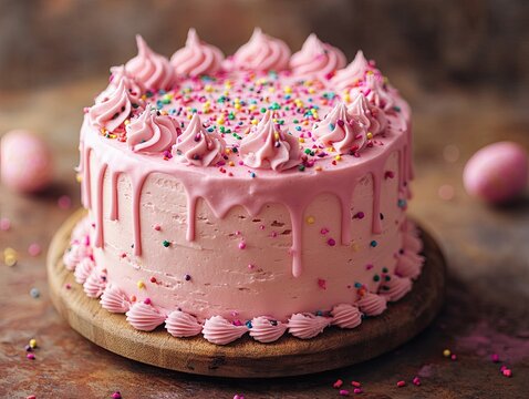 Delicious pink cake with frosting, sprinkles, and a wood serving board. It's perfect for birthdays, parties, and celebrations.