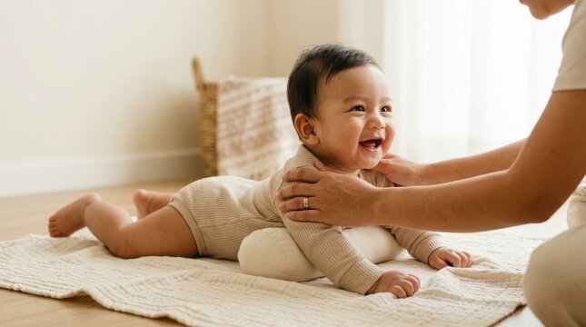 A baby lays on their stomach on a mat with a parent nearby, both enjoying playtime together
