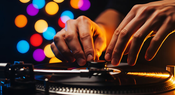 Close up of DJ hands scratching vinyl record on turntable at party with colorful bokeh